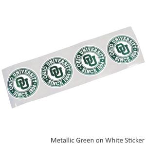 Image of CC 4pk Round Ohio University Sticker:Metallic Green on WHITE