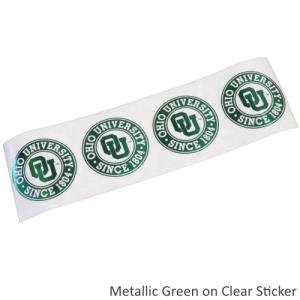 Image of CC 4pk Round Ohio University Sticker:Metallic Green on CLEAR