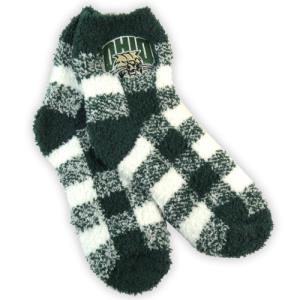 Image of Green/White Buffalo Check Fuzzy Socks: Attack Cat Embroidery