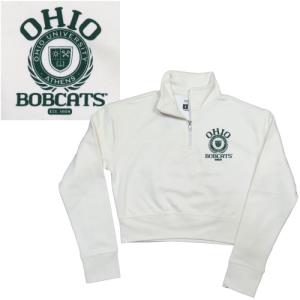 Image of Womens Natural Crop Quarter-zip: Ohio Bobcats Laurels Seal Left Chest