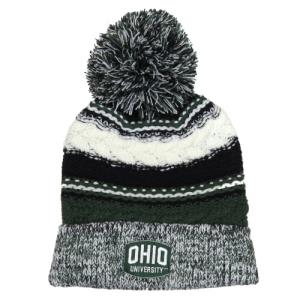 Image of Green/Black/White Cable Knit Oversized Pom Beanie: Rounded Rectangle Embroidery