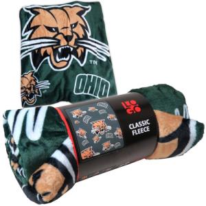 Image of Fleece Throw Blanket: Dark Green with Cat Face /Arch Ohio Scatter