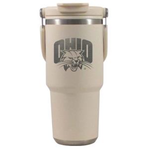 Image of Natural Bucket Handle Tumbler: Etched Attack Cat